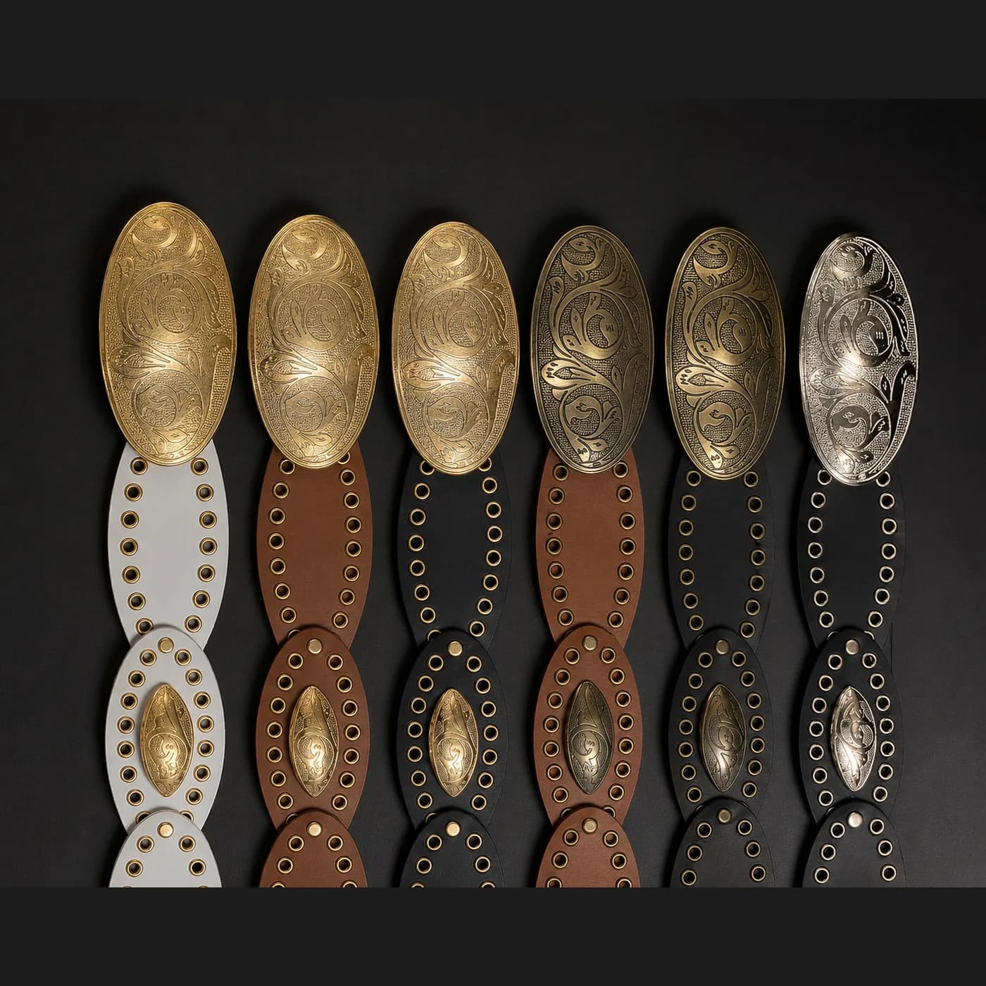 İşlemeli oval tokalı otantik kemerler; altın, bronz ve gümüş tokalı, krem, kahverengi ve siyah kayışlı